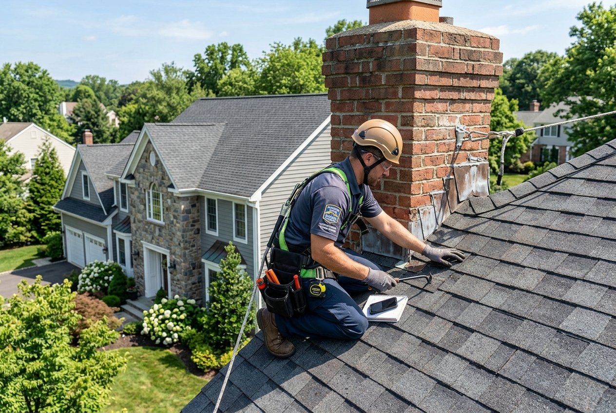 Roofing technician in harness inspecting brick chimney counter flashing and roof valley in Basking Ridge NJ