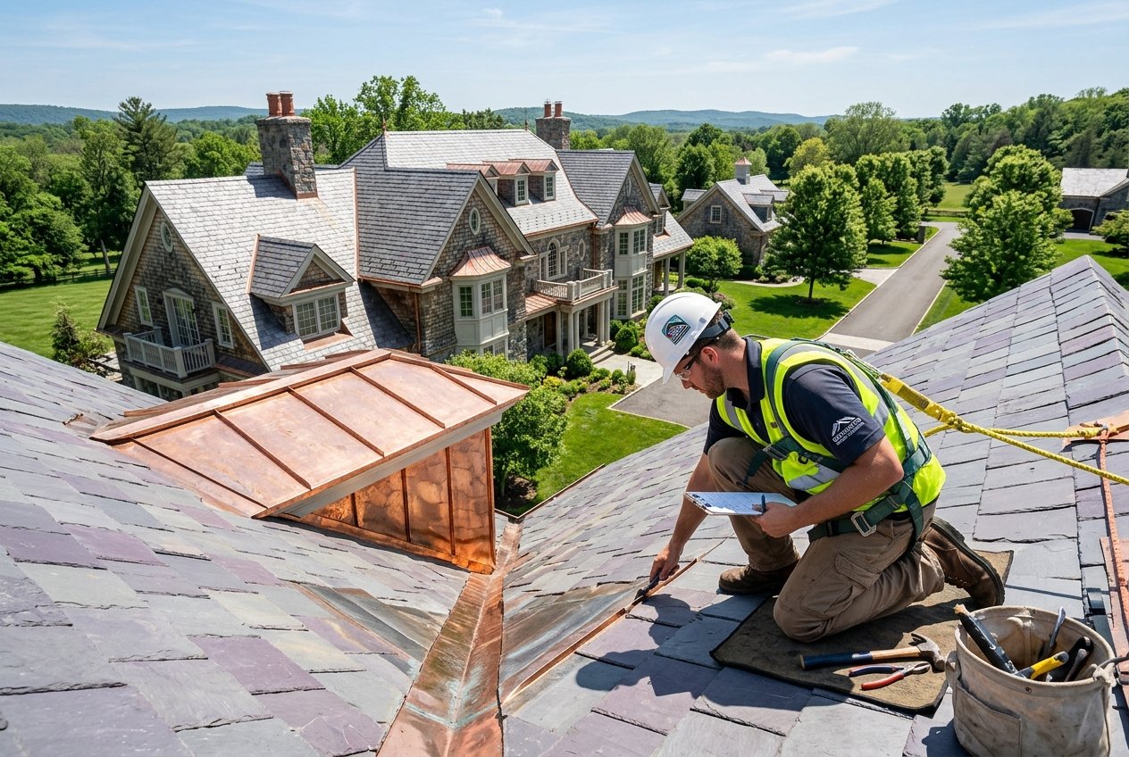Roofing technician in harness inspecting soldered copper valley flashing on a Bedminster NJ estate