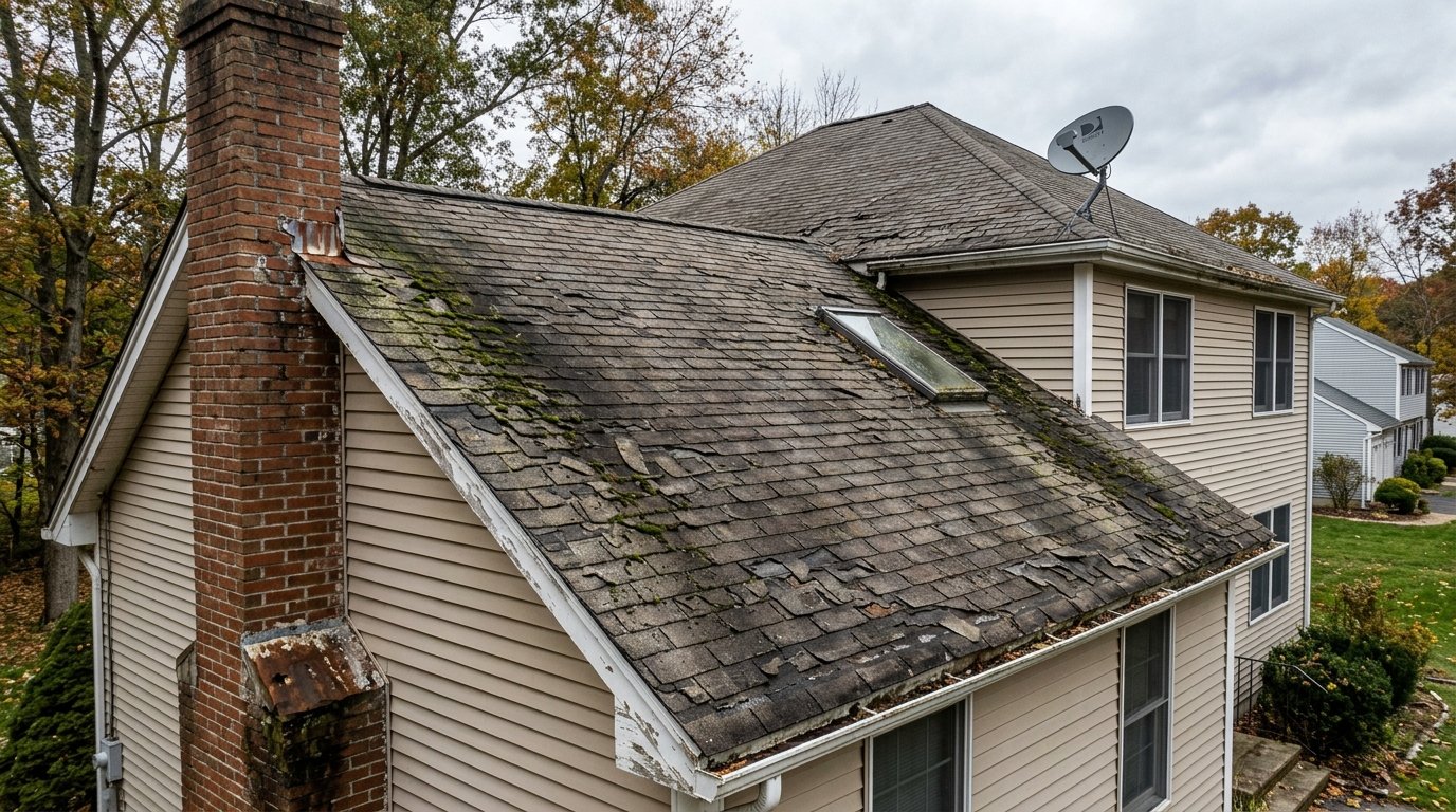 Aged flat roof before restoration with standing ponding water