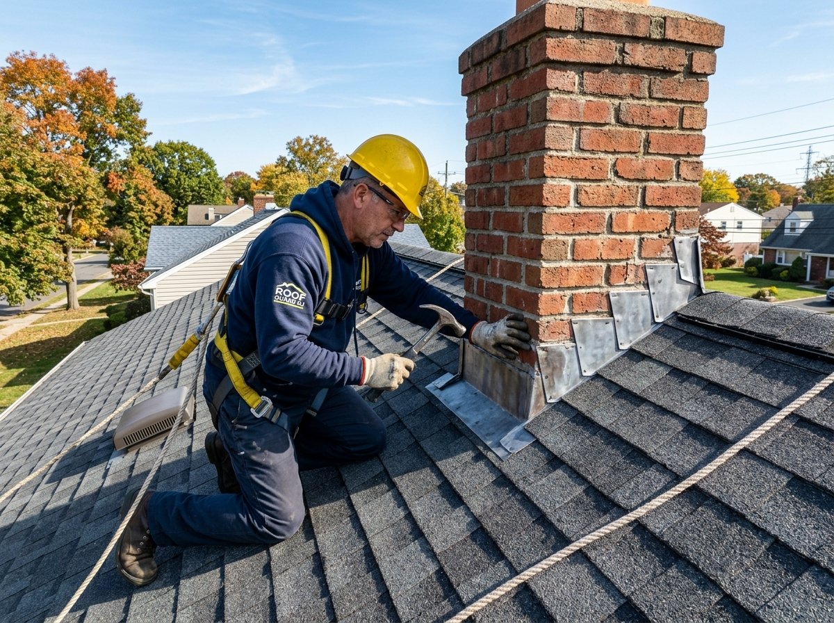 Technician repairing shingle valley flashing in Bound Brook NJ