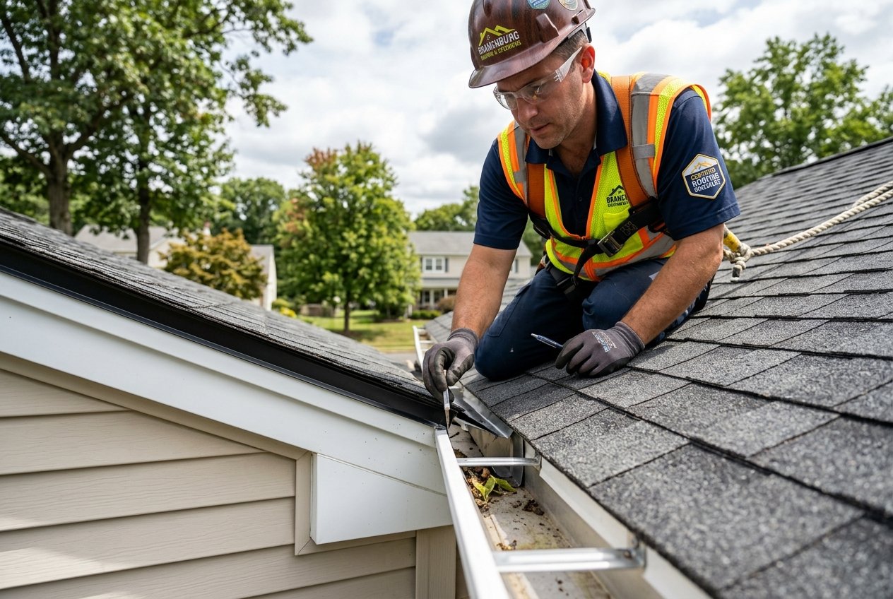 Roof inspector examining valley metal flashing and shingle adhesion on a Branchburg NJ home