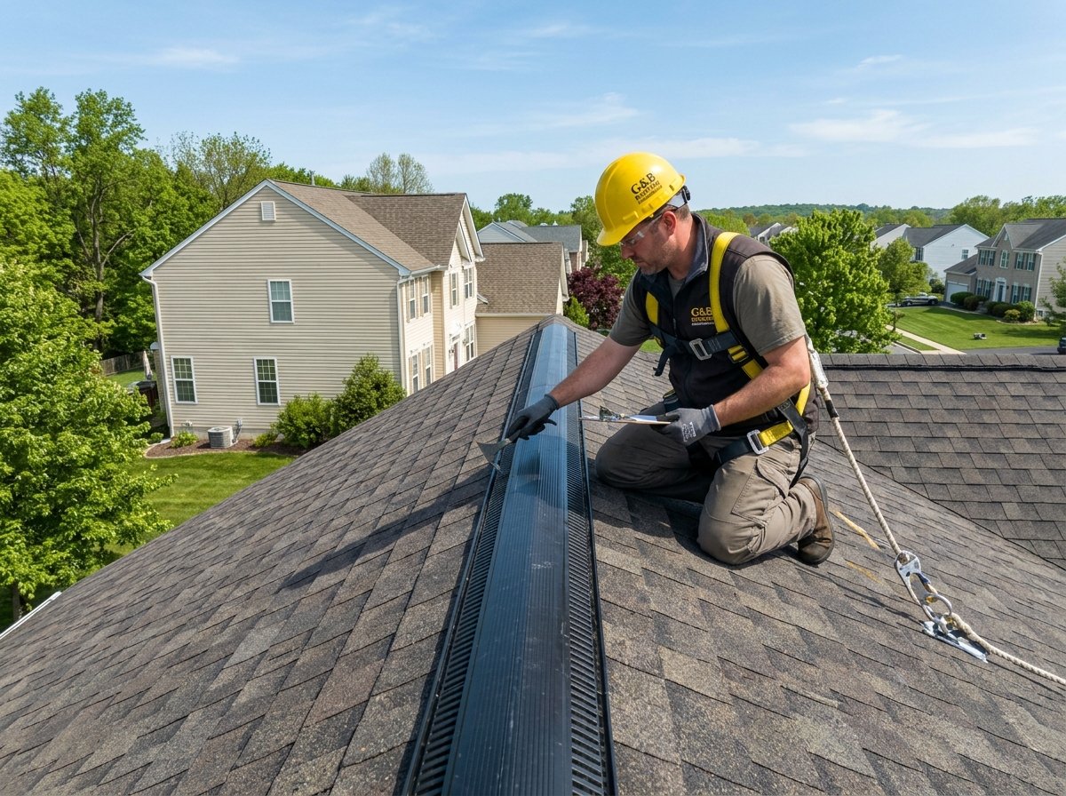 Roofing crew completing full architectural shingle replacement in Hillsborough NJ