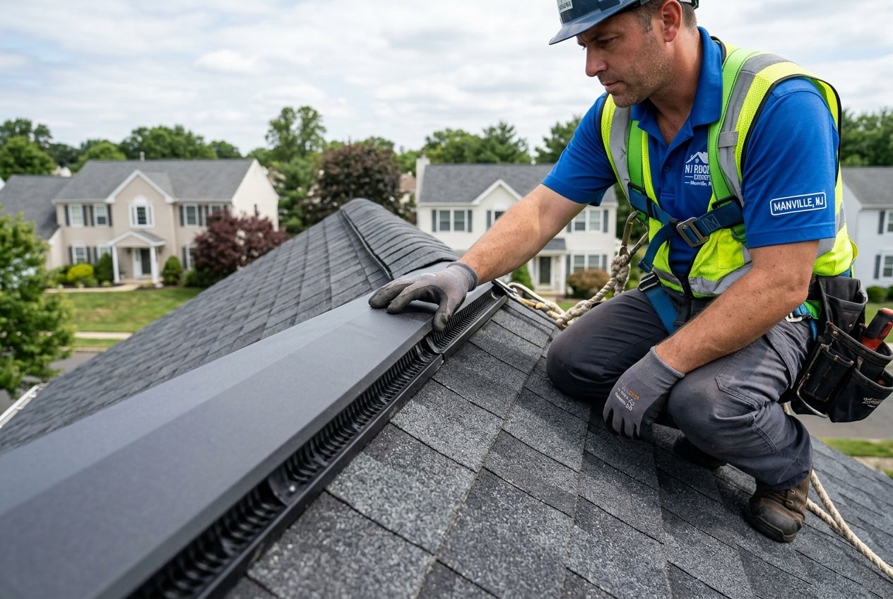 Roofing technician in harness inspecting chimney step flashing on a residential roof in Manville NJ