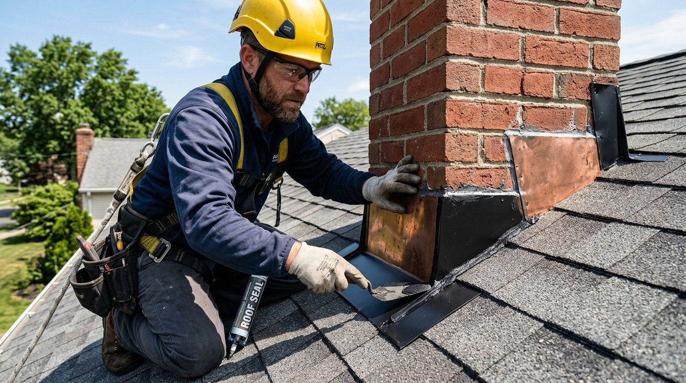Master roofer replacing copper step flashing and counter flashing along residential chimney in Bridgewater NJ