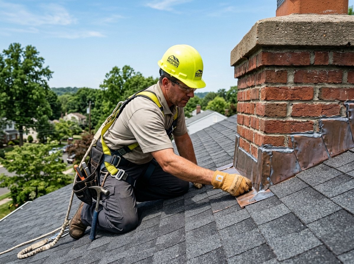 Professional roofing specialist inspecting copper step flashing on a Somerville NJ home