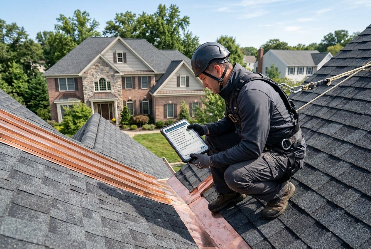 Professional roofing technician inspecting copper valley flashing on a steep residential roof in Warren NJ